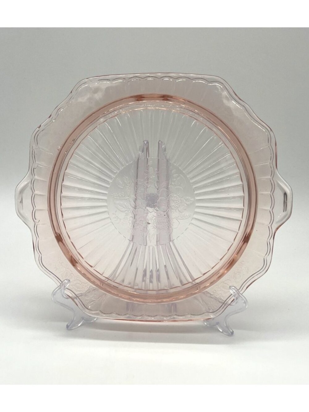 Vtg Pink Depression Glass Cake Plate Anchor Hocking Mayfair Open Rose Floral 10"